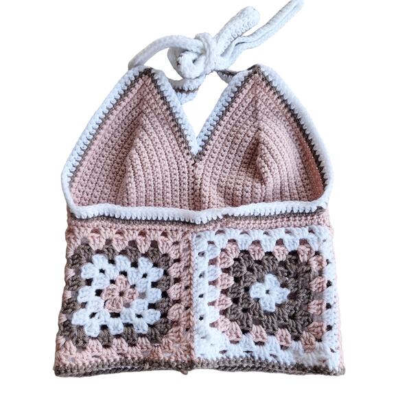 Handmade Crochet knit granny square halter top fits medium pink boho hippe - Picture 3 of 7